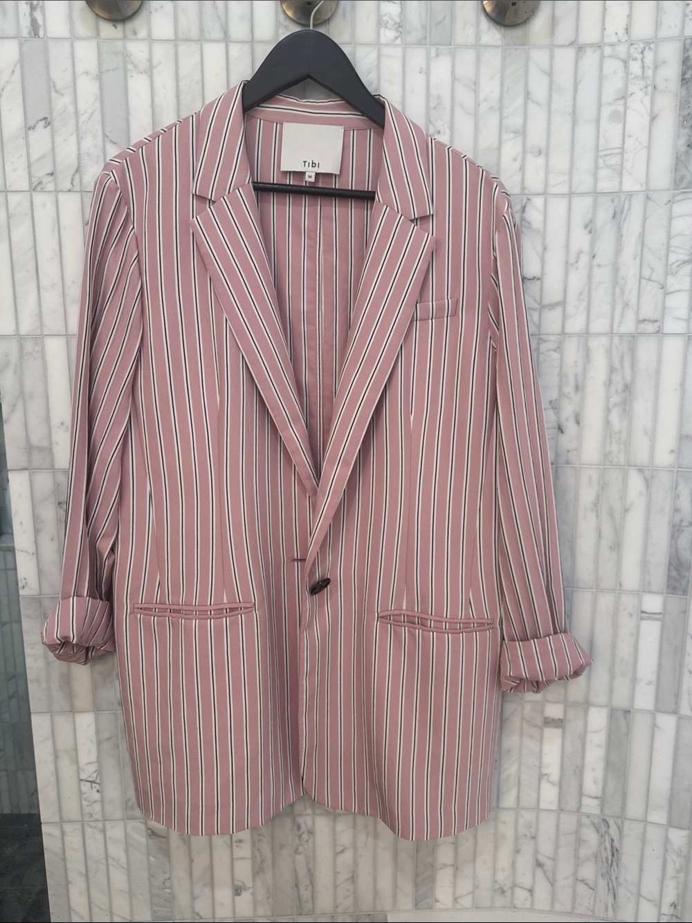 Tibi Stripe Viscose Twill Oversized Blazer – Dusty Pink Multi